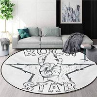 RUGSMAT Popstar Party Washable Creative Modern Round Rug,Rock Star Theme High Sign and Star Figure Grungy Sketch Gesture Vintage Coffee Table Mat Non-Skid Living Room Carpet,Diameter-51 Inch