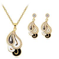 Slendima Vintage Jewelry Women Colorful Water Drop Shiny Zircon Necklace Ear Studs Set Black + White