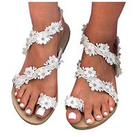 LowProfile Women's Pearl Gladiator Sandals Bohemian Jeweled Toe Ring Dress Shoes Bling Flat Shoes White - Floral