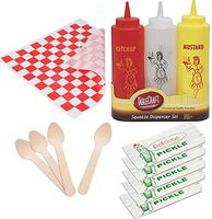 Retro Bottles for Ketchup Mustard & Mayo Squeeze Condiments + 25 Deli Wrappers outdoor picnic party BBQ fun pack sandwich papers + 50 Wooden Tasting Spoons & Dill Pickle printed Bags bundle