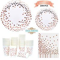 Ideal Parties Rose Gold Dot Disposable Paper Plates Napkins and Cups! Foil Design 50 Dinner Dessert Plates 50 Napkins and 50 Cups! for Bridal Baby Shower Wedding Anniversary Engagement Birthday!