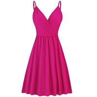 Shusuen Women's V-Neck Spaghetti Strap Summer Casual Swing Dress with Pockets Hot Pink