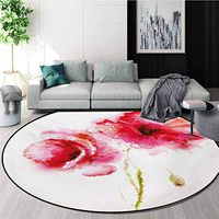 Flower Round Rug,Little Red Spring Summer Time Garden Florals Field Poppy Artwork Carpet Door Pad for Bedroom/Living Room/Balcony/Kitchen Mat,Diameter-35 Inch Hot Pink Pale Pink and White