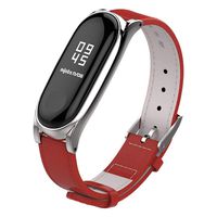 Mijobs Compatible Xiaomi Mi Band 3, Genuine Leather Replacement Strap Breathable Wristband with Metal Frame Bracelet Accessories for Xiaomi Mi Band 4 Smart Watch Bracelet Wristband (Red and Silver)