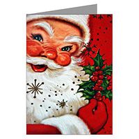 Twelve 3.5x5 Vintage Holiday Note Cards In A Boxed Set Of Closeup Of Santa With Red Checks And Button Nose Wishing You A Merry Christmas, Branch Of Holly