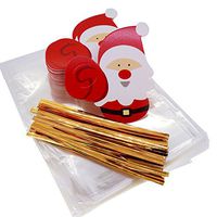 Santa Claus Christmas Tags with cello Treat bags for Cookie Biscuits Candy Cake Baking Packaging, Pack of 48