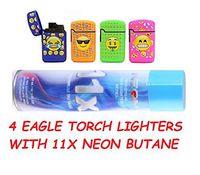 1 Cans NEON 11X Butane Refill Fuel Fluid Lighter Ultra Refined 10.14 oz and Emoji Torch Lighter Adjustable Flame Windproof Butane Refillable 4 Pack