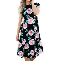 muyuhan Women's Short Sleeve Floral Printed High Round Neck Casual Beach Dress(Black,L)