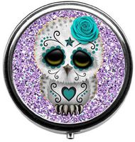 BeeGogo - Shiny Purple Glitter with Sugar Skull Owl Custom Personlized Round Tablet Medicine Pocket Purse Travel Pill Vitamin Decorative Box Case Holder