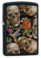 Zippo Lighter: Skull and Flowers Pattern - Black Matte 80481