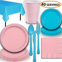 Disposable Party Supplies, Serves 40 - Light Pink and Turquoise - Large and Small Paper Plates, 12 oz Plastic Cups, Heavyweight Cutlery, Napkins, and Tablecloths. Full Two-Tone Tableware Set