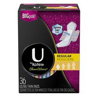 U by Kotex CleanWear Ultra Thin Pads with Wings, Regular, Fragrance-Free, 3 Packs of 36 (108 Total)