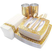 I00000 175 PCS Gold Plastic Dinnerware, 50 Diamond Square Plates-25 Dinner Plates, 25 Dessert Plates, 75 Gold Disposable Cutlery-25 Knives, 25 Forks, 25 Spoons, 25 Cups 9Oz, 25 Linen Like Napkins