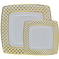 Set of 40 Disposable Square Dinner Plates Bundle Combo | Premium Quality Firm White Plastic | Elegant Designed Diamond | Bulk Qty 20x 10.75'' Dinner Plates + 20x 7.6'' Salad Plates (gold)