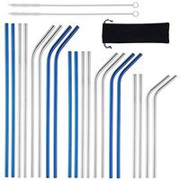 Sapphire Blue Reusable Stainless Steel Drinking Straws, 20 Pcs - 6" 8.5" 10.5" BPA Free Long Short Metal Straight Bent Straws With Brushes Carry bag, Fit for 10/20/30 oz Tumblers