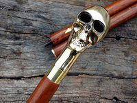 BRASS SKULL HEAD HANDLE WALKING STICK ANTIQUE WOODEN WALIKING CANE HANDMADE