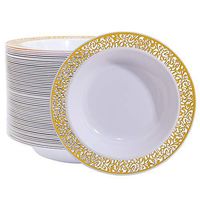 60 Disposable Gold Plastic Dessert Bowls, 12 oz Soup Bowls, Gold Lace Trim China Look, Premium Heavy Duty Plastic Plates for Wedding/Party (Gold)