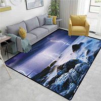 Nature Moon & Stars Kids Rooms Nursery Decor Mats, Summer Storm Flashes over the Rocks in Ocean Nightmare Theme Weather Nature Image, Easy Maintenance Area Rug Living Room Bedroom Carpet(8'x 10')