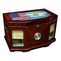 Large Premium Desktop Humidor - Glass Top - Flag of Argentina (Argentinian) - Wood with USA Flag - 300 Cigar Capacity - Cedar Lined with Two humidifiers & Large Front Mounted Hygrometer.
