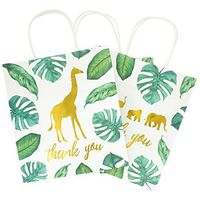 Juvale 12-Pack Jungle Safari Animal Thank You Kraft Gift Bags and 20 White Tissue Sheets for Baby Shower, 9 x 8 x 4 Inches