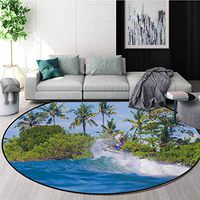 RUGSMAT Ride The Wave Round Area Rug Carpet,Surfer in Ocean by Bali Island Palm Trees Dreamy Nature Scenery Living Dining Room Bedroom Hallway Office Carpet,Diameter-39 Inch Fern Green Violet Blue