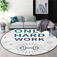 Fitness Modern Machine Washable Round Bath Mat,Only Hard Work Positive Sports Affirmation Phrase and Dumbbell Inspirational Non-Slip Living Room Soft Floor Mat,Round-51 Inch