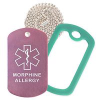 Morphine Medical Alert ID Necklace with Pink Tag, Green Dark Silencer, and 30'' USA Chain - 154 Color Choices