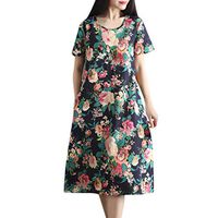 Vintage Summer Casual Cute Women Short Sleeve Mid-Calf Loose Hem Dress Dark Blue