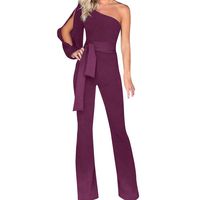 Corriee Jumpsuit for Women Elegant Long Sleeve Off The Shoulder High Waisted Wide Leg Romper with Belt (X-Large, W-Purple)