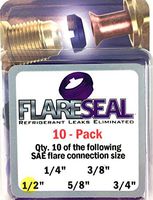 FlareSeal Leak Free 1/2" SAE Flare Seal Fitting - Refrigeration, HVAC, Ductless, Schrader Valve or Mini Split Applications (1/2", 10 Pack)