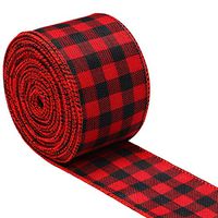 WAVEYU Buffalo Plaid Ribbon for Christmas, Wired Edge Ribbon Check Burlap Ribbon for Gift Wrapping, Crafts Decoration Design for Floral, Craft, Holiday Decoration (2 by 236 Inches), Red and Black