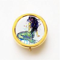 RhyNSky Sea Mermaid Mermaids Mini Gold Portable Pocket Purse Pill Box Case Pillbox, 3 Compartments -298