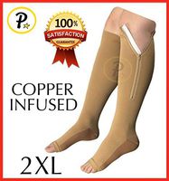Presadee Copper Infused Open Toe 20-25 mmHg Zipper Compression Reduce Swelling Leg Calf Fatigue Knee Length Long Sock (Beige, 2XL)
