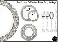 Royalty Settings Silver Inspiration Collection Lace Plastic Plates and Plastic Cutlery for 120 Persons, Includes 120 Dinner Plates, 120 Salad Plates, 240 Forks, 120 Knives, 120 Spoons, White/Silver