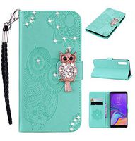 Amocase Wallet Case with 2 in 1 Stylus for Samsung Galaxy A7 2018,3D Bling Gems Owl Magnetic Mandala Embossing Premium Strap PU Leather Card Slot Stand Case for Samsung Galaxy A7 2018 - Mint Green