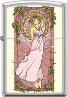 Zippo Nouveau Woman Pink Floral Alphonse Mucha Style Satin Chrome Lighter