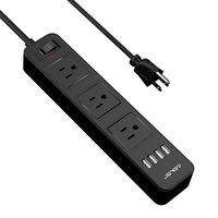 Power Strip Surge Protector, JSVER Power Strip Flat Plug with 4 USB Ports 3 AC Outlet, 6.56ft Long Extension Cord, Overload Protection Switch Control Charging Station for Home, Office, Travel (Black)