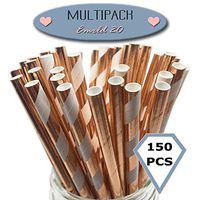 EMRLD Biodegradable Paper Straws - 150 PCS Disposable Straws for Juices, Shakes, Smoothies - Eco-Friendly, Durable Drinking Straws for Birthdays, Weddings & Events (ROSE GOLD STRIPES & SOLID)