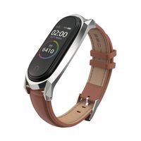 Mijobs Compatible Xiaomi Mi Band 3, Genuine Leather Replacement Strap Breathable Wristband with Metal Frame Bracelet Accessories for Xiaomi Mi Band 4 Smart Watch Bracelet (Classic Brown + Silver)