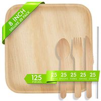 Logical Eco Palm Leaf Plates, Compostable Plates and Utensils Set - 25 Square 8 Inch Biodegradable Plates, Wood Cutlery, Paper Straws, Eco Friendly Disposable Dinnerware Supplies
