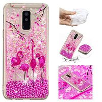 Liquid Glitter Case for Samsung Galaxy A6 Plus 2018,Aoucase Cartoon Pattern Luxury 3D Diamond Sparkle Quicksand Shockproof Anti-Scratch Soft Bumper Case with Black Dual-use Stylus,Flamingo Flower