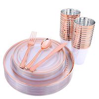 150 Pieces Rose Gold Cups & Plastic Plates & Disposable Silverware, Crystal Clear Dinnerware Set: 25 Dinner Plates 10.25 ", 25 Dessert Plates 7.5 ", 25 Tumblers 9 Oz , 25 Forks, 25 Knives, 25 Spoons