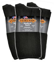 Extra Wide Men's Black Medical (Diabetic) Mid Calf Crew Sock, Shoe Size 8-11 Up to 6E Wide 3PK, Antimicrobial, Made in USA!