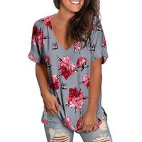 JQjian Beach Tunic Women Floral Print Tunic Summer V Neck Short Sleeve Shirt Casual Tops Blouse (XL, Gray)