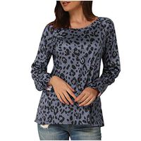 SADUORHAPPY Women Loose Casual Long Sleeve Round Neck Leopard Printed T Shirts Comfy Blouse Sweatshirts Pullover Gray