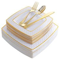 125 Pieces Gold Plastic Disposable Plates, Diamond Square Plates,New Gold Plastic Silverware, Includes: 25 Dinner Plates 9.5", 25 Salad Plates 7.6", 25 Knives, 25 Forks, 25 Spoons (Supernal)