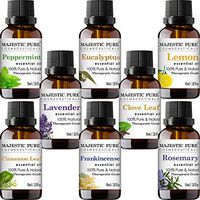 MAJESTIC PURE Essential Oils Set for Aromatherapy and Diffuser -Natural Therapeutic Grade Lavender, Eucalyptus, Peppermint, Lemon, Frankincense, Clove, Cinnamon and Rosemary Oils, Pack 8 x 10ml