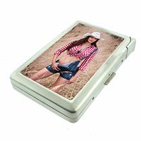 Farmer's Daughter Pin Up Girls Farm Girls USA D2 Cigarette Case Lighter Smoking King Size Cigarettes Silver Metal Wallet 4" X 2.75" RFID Protection