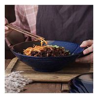 AXZHYX Bowl Japanese Style Blue Ceramic Salad Bowl Household Large Capacity Ramen Soup Bowl Retro Tableware Round Fruit Bowls Hotel Tableware Home Noodles Boiled Fish Soup Bowl (Color : 8 Inches)