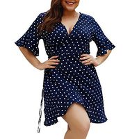 JQjian Womens Fashion Short Sleeve V-Neck Polka Dot Wrap Loose Mini Dress Summer Holiday Dress (4XL, Navy)